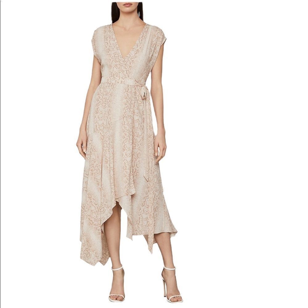 BCBGMAXAZRIA Python-Print Asymmetrical Midi Wrap Dress Bare Pink XXS